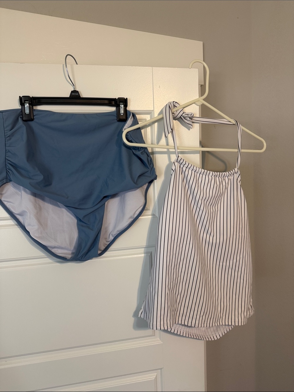 Blue High-Waist Bikini Bottom & White Pinstripe Halter Tankini Top